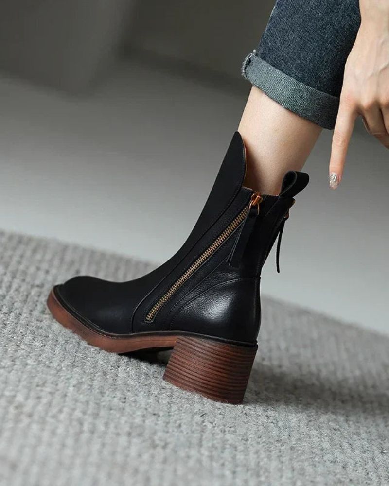 Valorine™ | Botte en cuir noire avec un talon confortable, élégante et intemporelle
